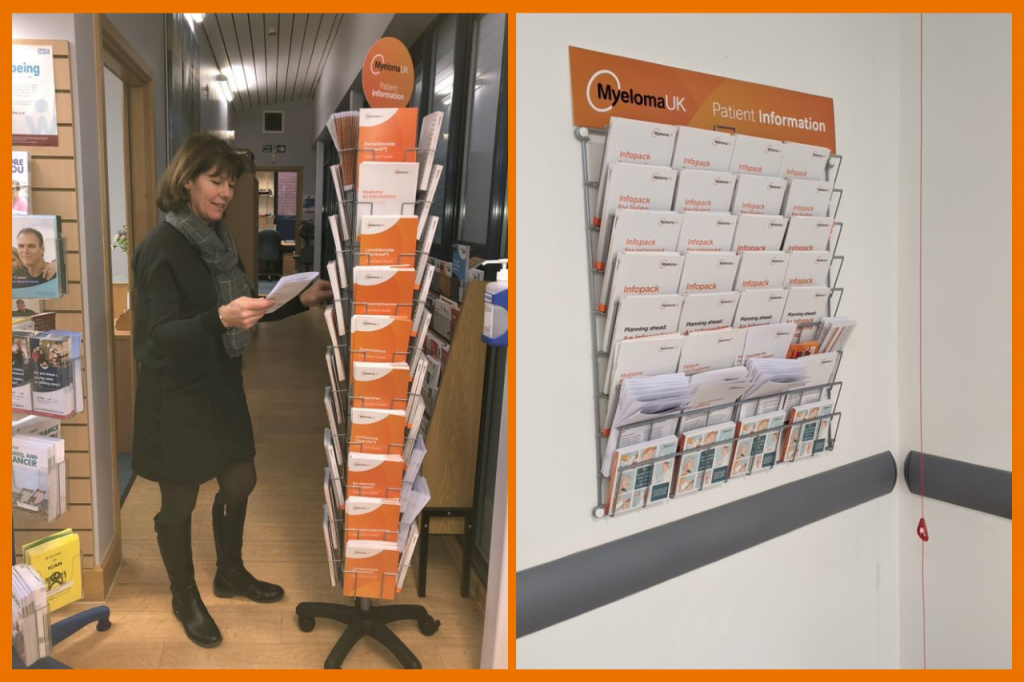 Two images side by side. Left image includes a standing carousel dispenser with wheels populated by Myeloma UK patient information publicartions. A lady stands to the left, reading a publication from the dispenser. The right image is a wall mounted dispenser mounted on a white wall. The Myeloma UK logo and orange banner sit above many Myeloma UK patient information publications