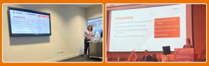 Two images side by side over orange background. Both images show Myeloma UK staff presenting findings at conferences.