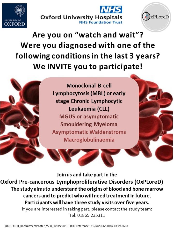 OxPLoreD recruitment poster for MGUS, smouldering myeloma and waldenstroms macroglobulinaemia patients