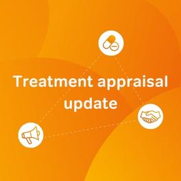 Orange background with white icons of a handshake, oral treatments and megaphone surround white text reading 'Treatment appraisal update'