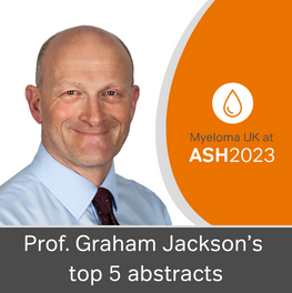 Smiling Graham Jackson with Myeloma UK at ASH 2023 logo and the words: Prof. Graham Jackson's top 5 abstracts